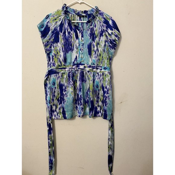 APT.9 TOP BACK TIE BANDED FRONT WAIST BUSINESS WORK TRAVEL WATERCOLOR SILKY L - Picture 1 of 14